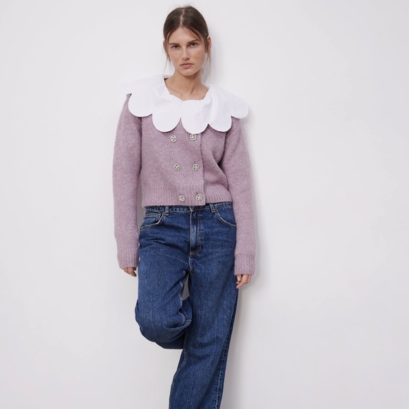 ZARA Lilac Lavender Rhinestone Button Front Sweater, Size Medium - Picture 6 of 10